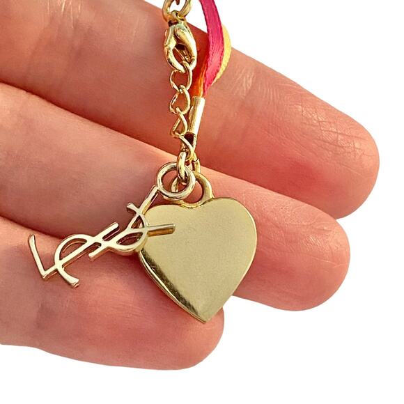 M VTG YSL Yves Saint Laurent In Love Again Gold Heart Logo Charm Ribbon Bracelet - Picture 9 of 16